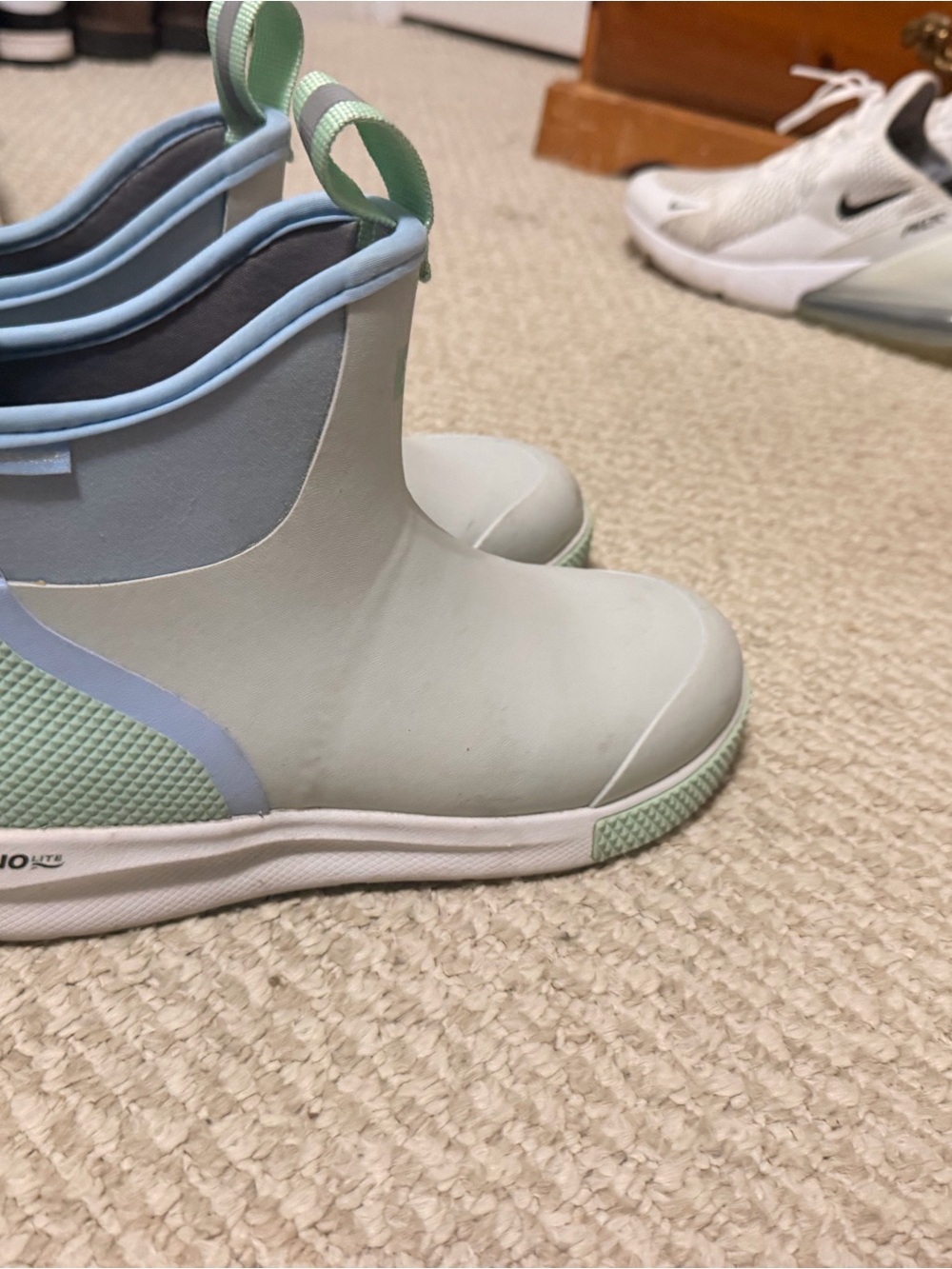 Kids Mint Green Waterproof Ankle Rain Boots with Light Blue Trim